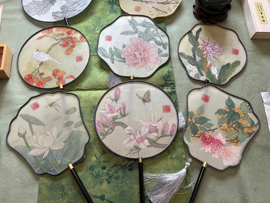 New Traditional Chinese brush paintings on silk fans