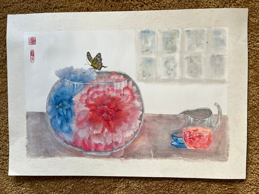 Peony in glass bowl