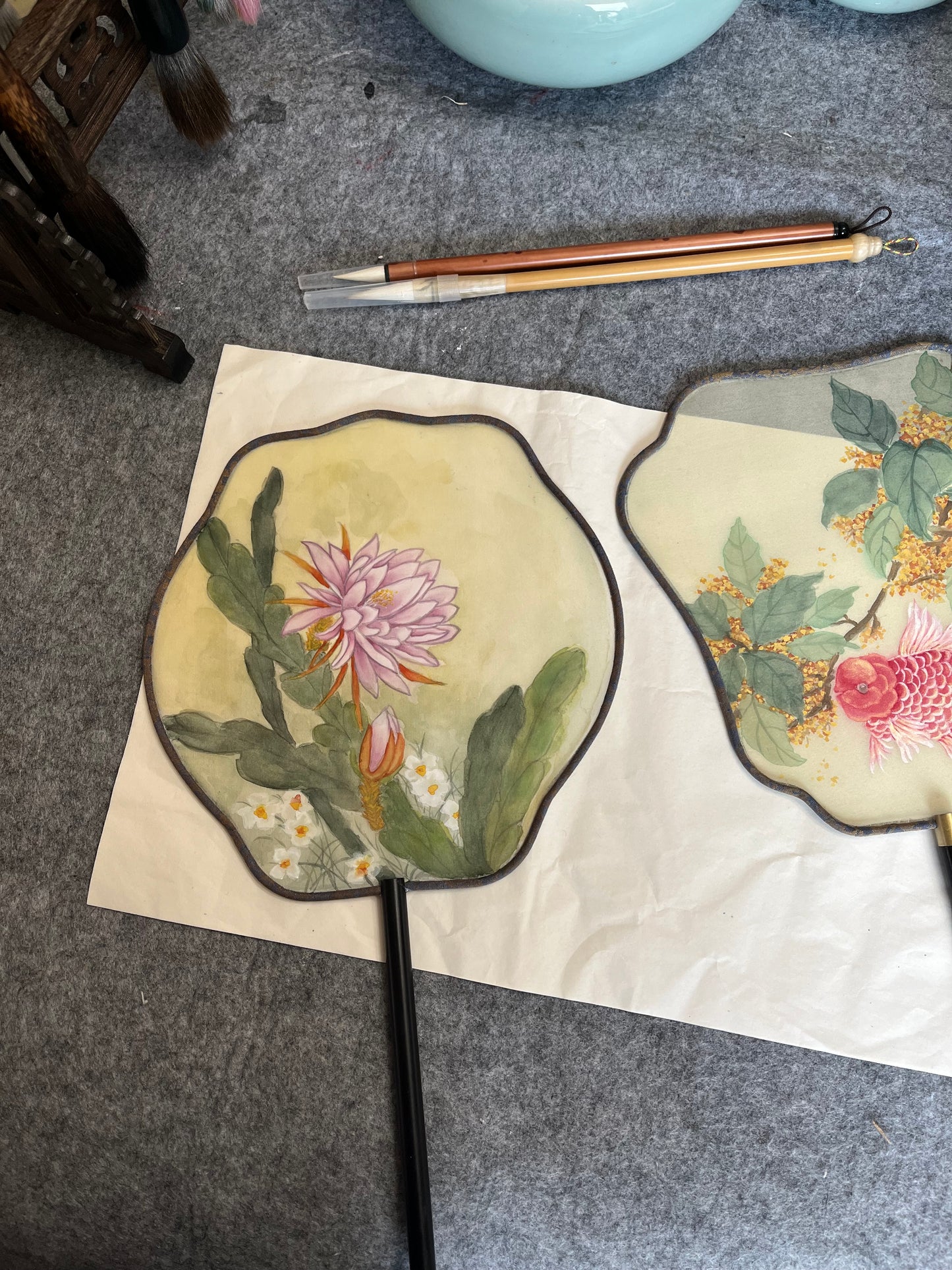 New Traditional Chinese brush paintings on silk fans